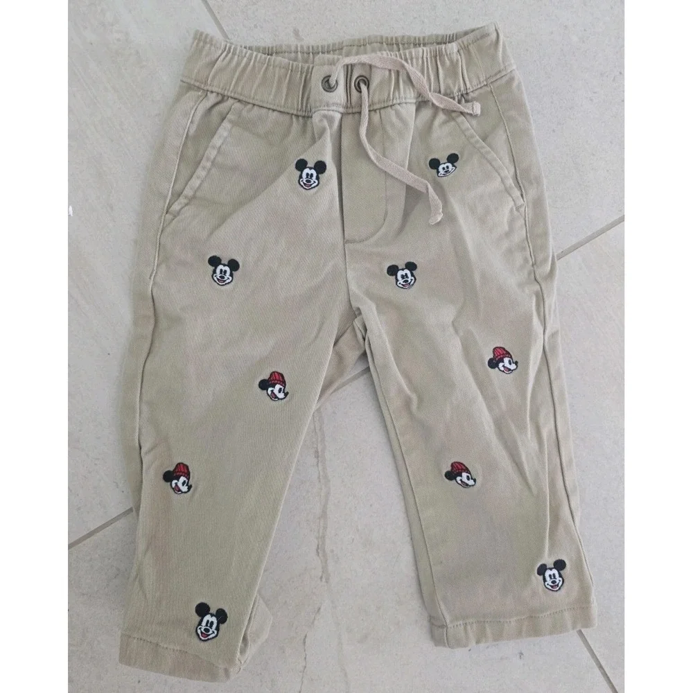 Janie and Jack Disney Vacation Mickey Mouse Khaki Twill Pant Embroidered 12-18 M